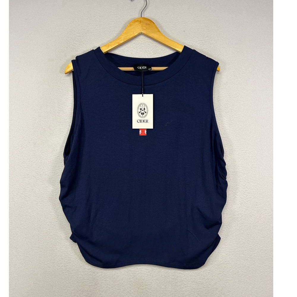 Minimalist‎ Cider Women 3XL Navy Blue Ruched Side Sleeveless Crew Neck Tank Top